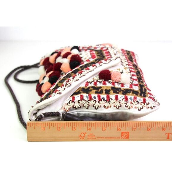 ibBan MULTICOLOR BEADED WHITE COTTON TASSELS X-BODY ENVELOP SHOULDER BAG PURSE - Picture 14 of 16